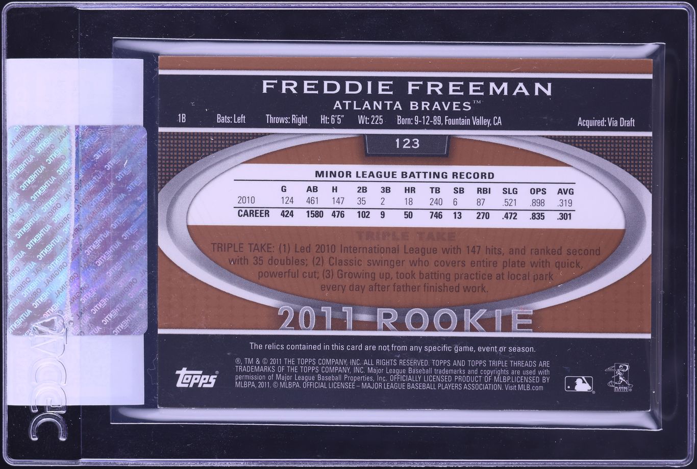 2011 Topps Triple Threads Future Phenoms Sepia Freddie Freeman RC PATCH AUTO /75 #123 CGC AUTH