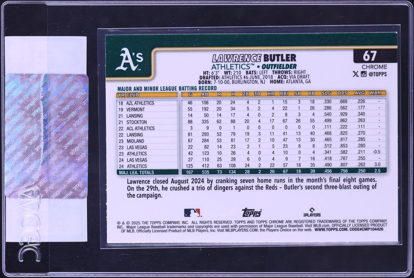 2025 Topps Chrome Teal Refractor Lawrence Butler /299 #67 CGC AUTH