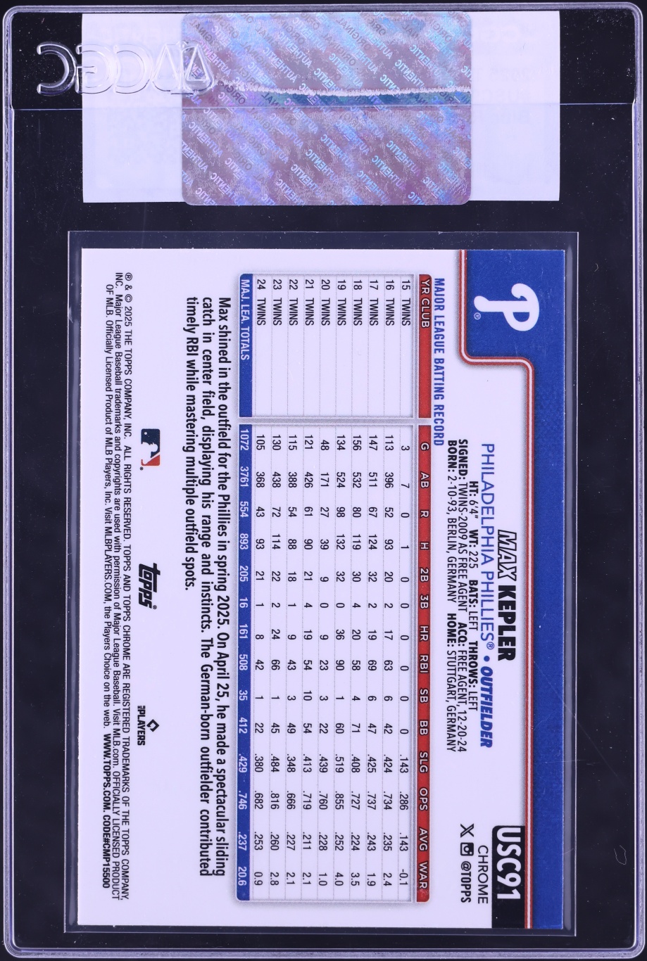 2025 Topps Chrome Update Blue Refractor Max Kepler /150 #USC91 CGC AUTH