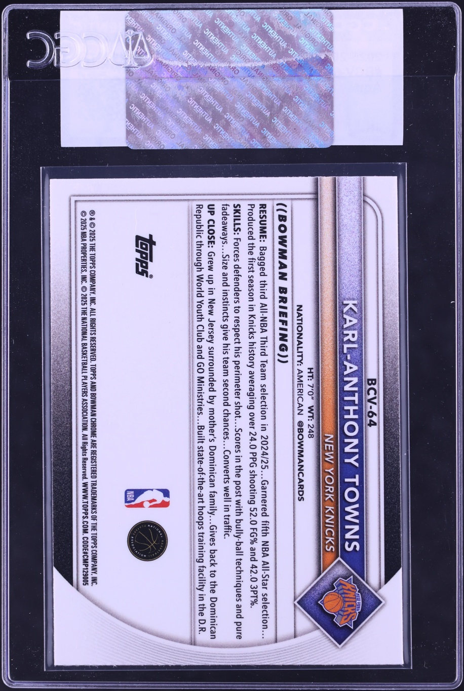 2025 Bowman Chrome Mega Box Aqua Karl-Anthony Towns /125 #BCV-64 CGC AUTH