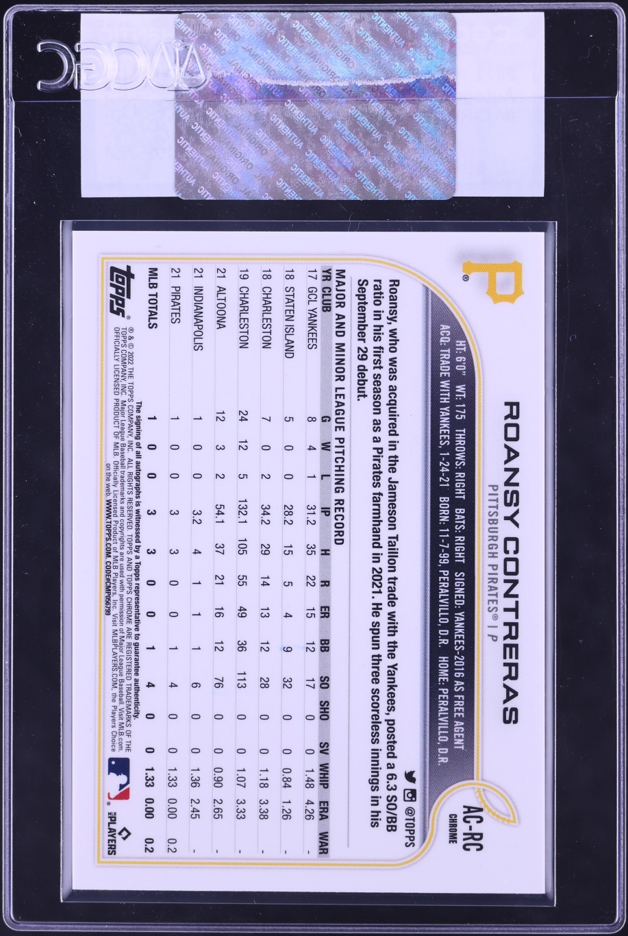 2022 Topps Chrome Update Roansy Contreras ROOKIE AUTO #AC-RC CGC AUTH