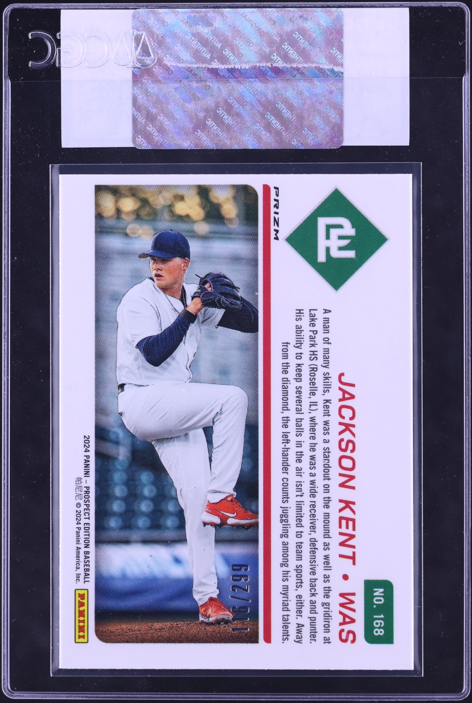 2024 Panini Prospect Edition Blue Ice Prizm Jackson Kent ROOKIE /299 #168 CGC AUTH
