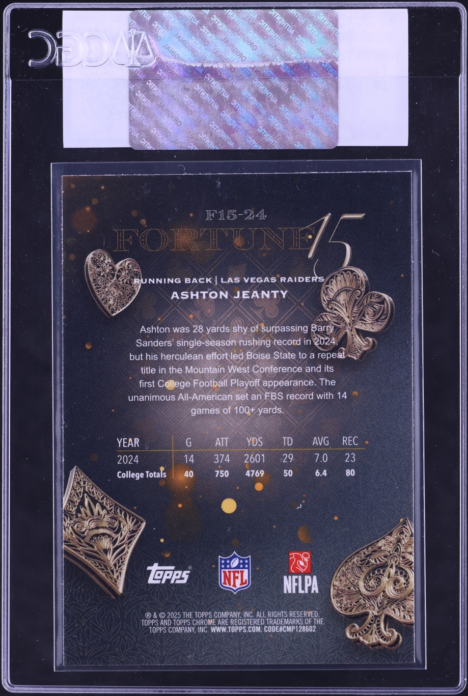 2025 Topps Chrome Fortune 15 Ashton Jeanty ROOKIE #F15-24 CGC AUTH