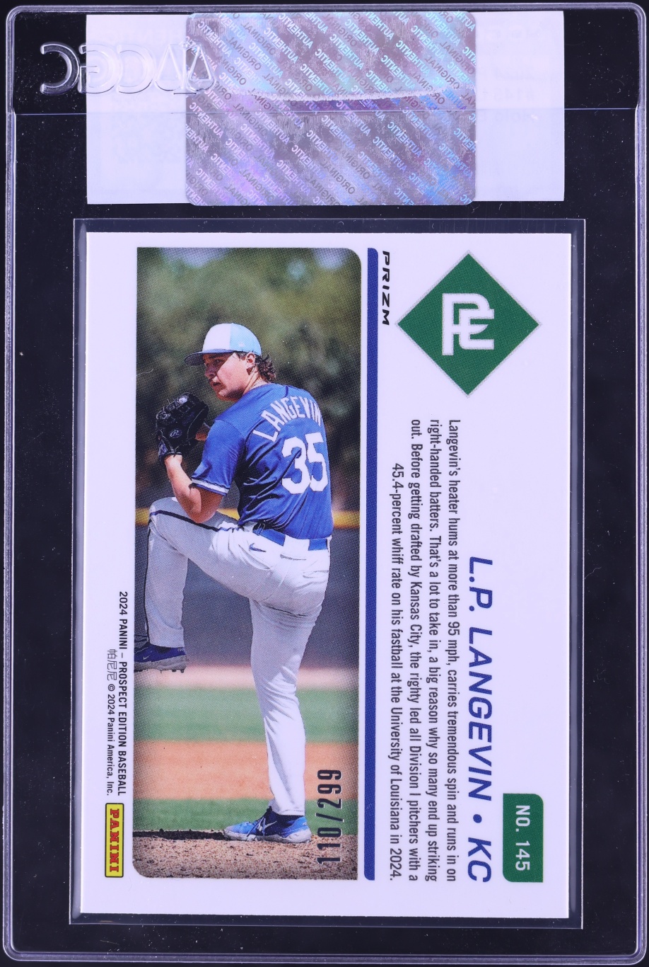 2024 Panini Prospect Edition Holo Blue Ice L.P. Langevin ROOKIE /299 #145 CGC AUTH