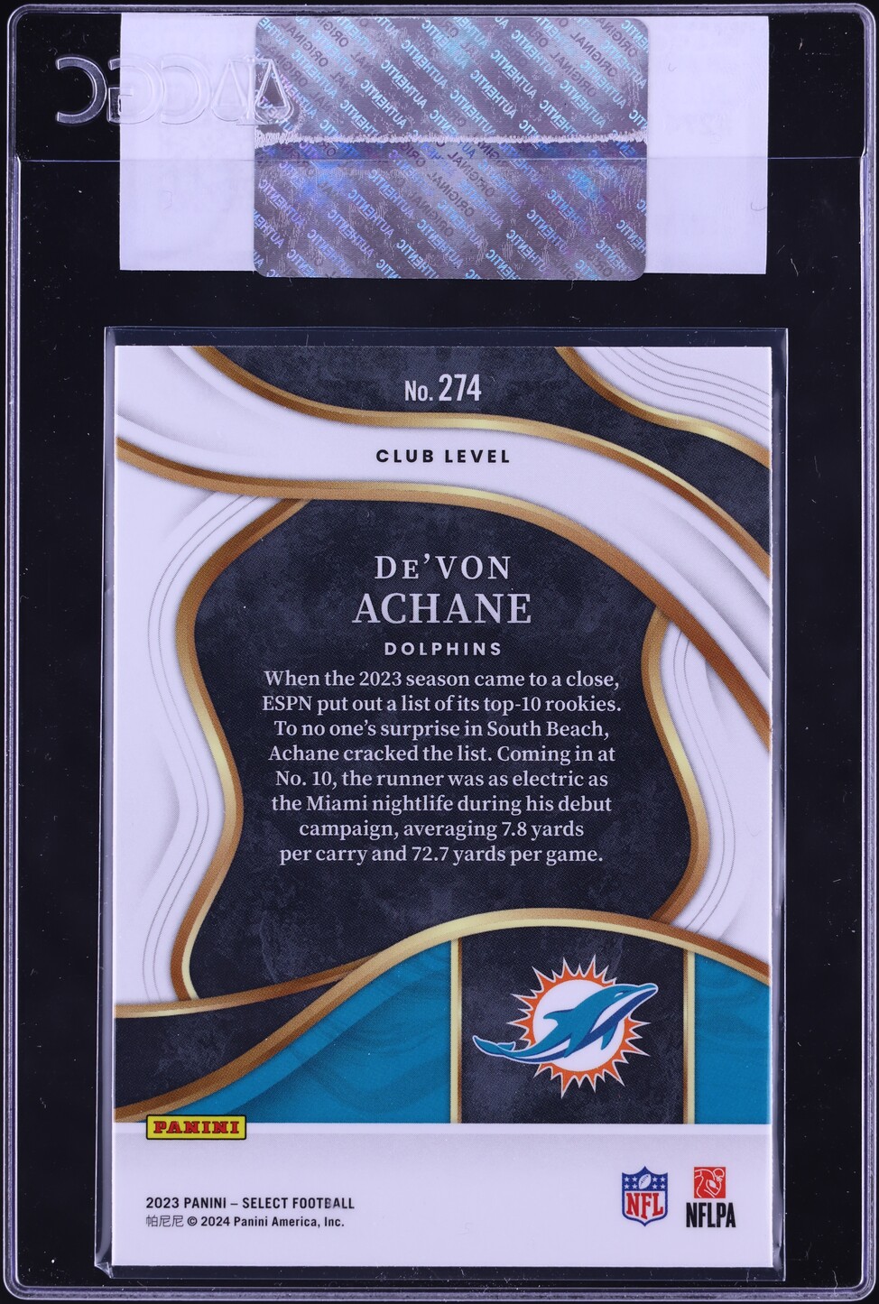2023 Select Club Level De'Von Achane ROOKIE #274 CGC AUTH