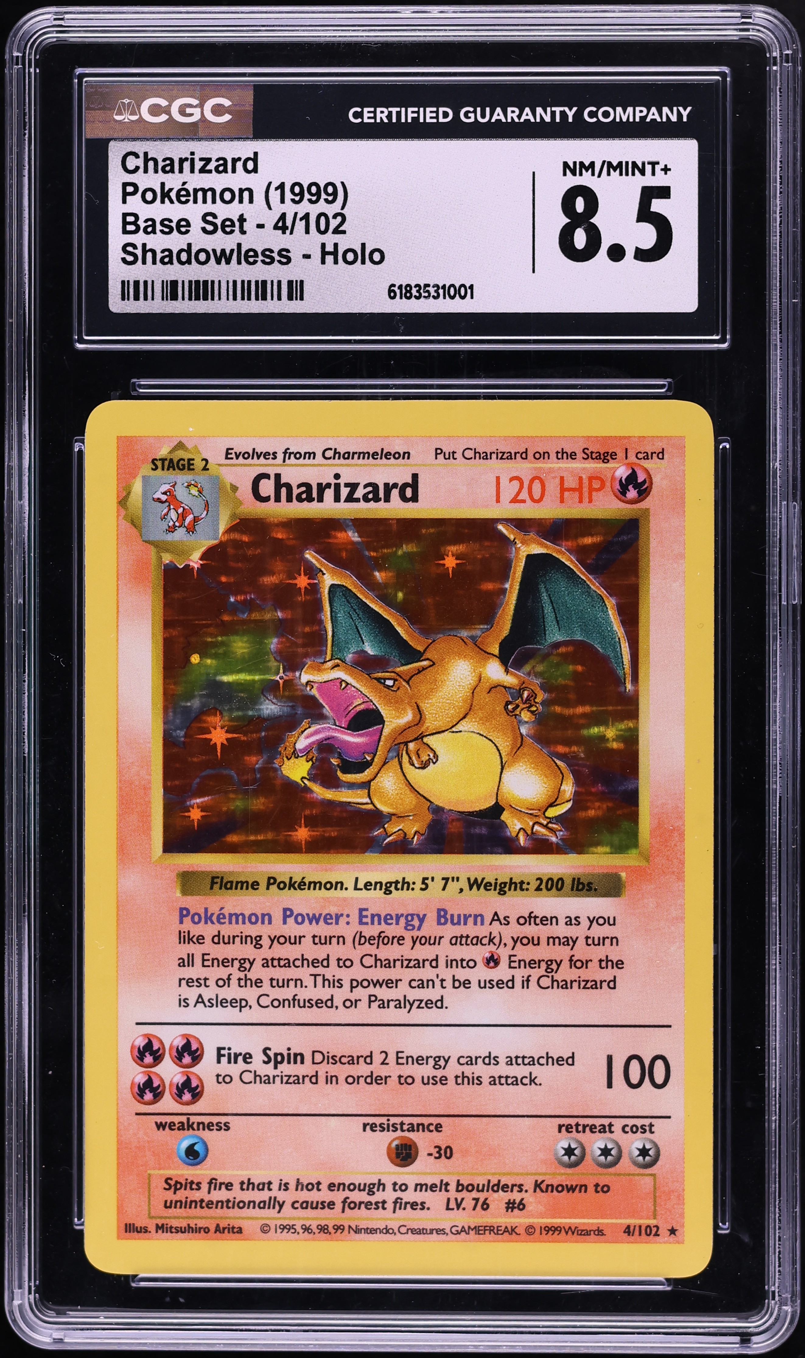 1999 Pokemon Base Set Shadowless Holo Charizard #4 CGC 8.5 NM-MT+