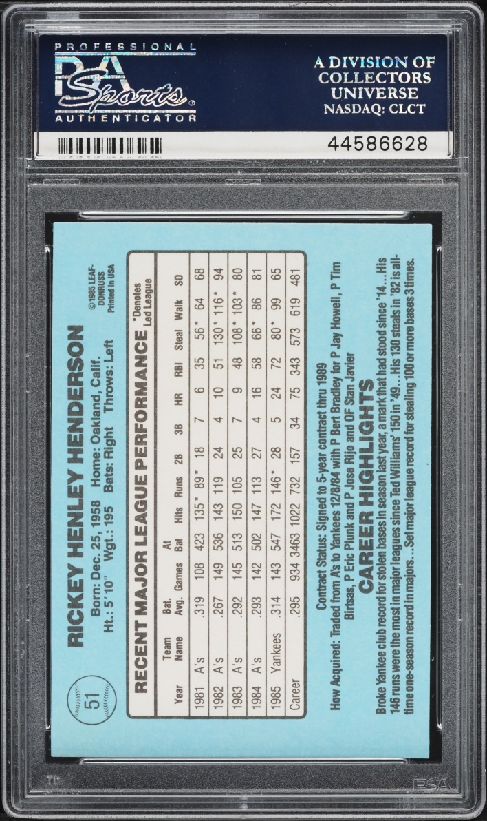 1986 Donruss Rickey Henderson #51 PSA 10 GEM MINT