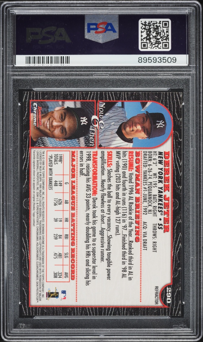 1999 Bowman Chrome Refractor Derek Jeter #290 PSA 10 GEM MINT
