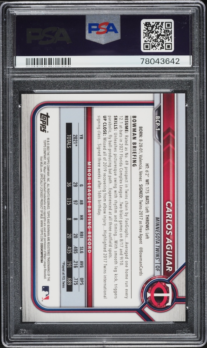 2022 Bowman Chrome Sapphire Edition Padparadscha Carlos Aguiar PROSPECT 1/1 #BCP1 PSA 10