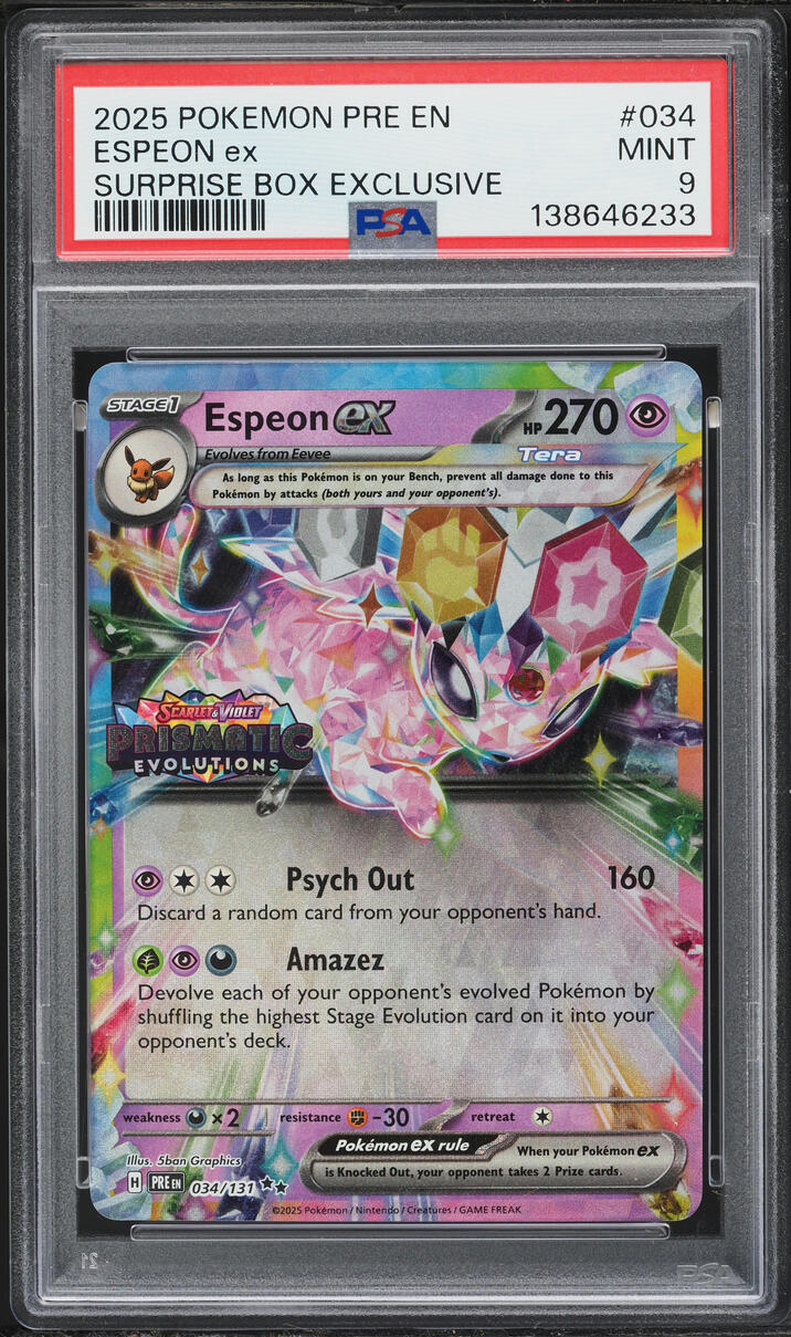 2025 Pokemon Scarlet & Violet Prismatic Evolutions Surprise Box Holo Espeon ex #34 PSA 9 MINT