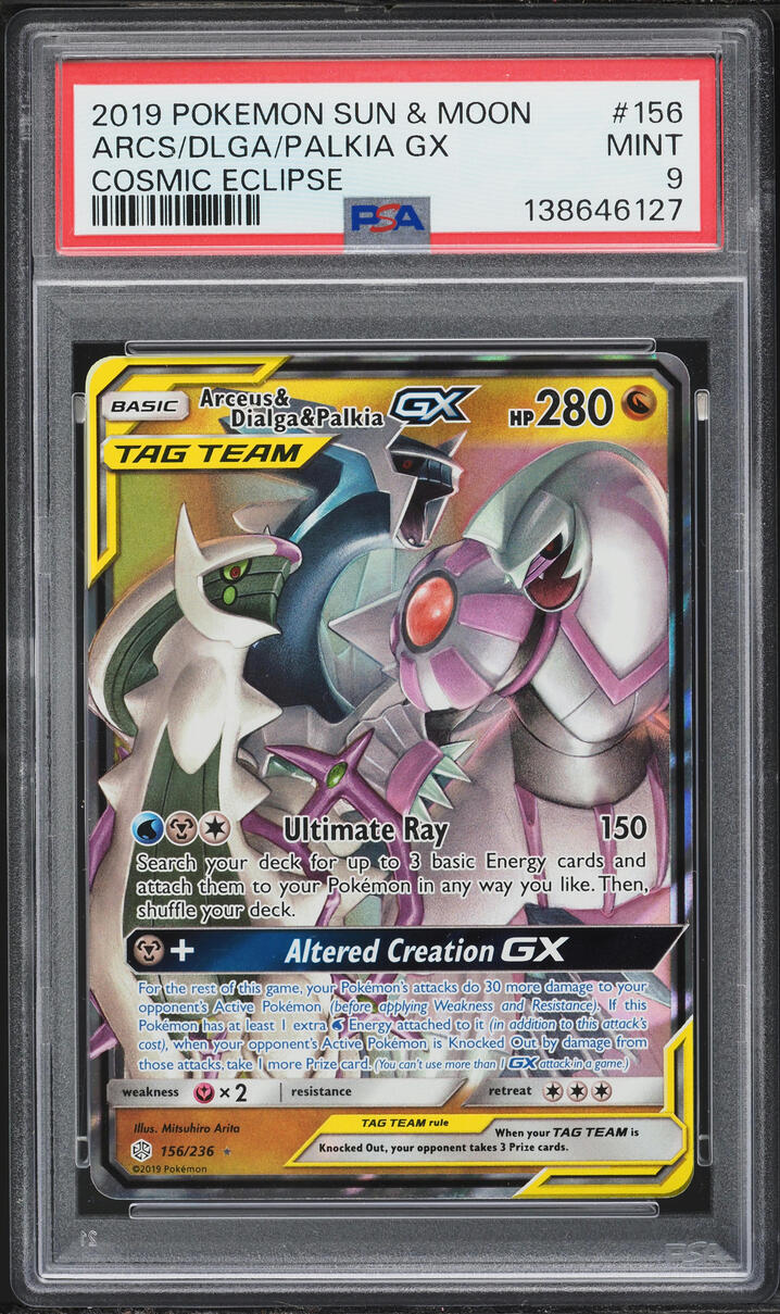 2019 Pokemon Sun & Moon Cosmic Eclipse Arceus Dialga Palkia GX #156 PSA 9 MINT