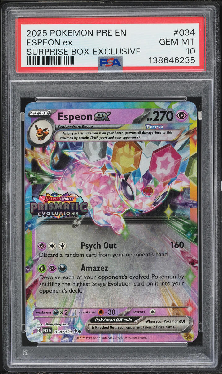 2025 Pokemon Scarlet & Violet Prismatic Evolutions Surprise Box Holo Espeon ex #34 PSA 10 GEM