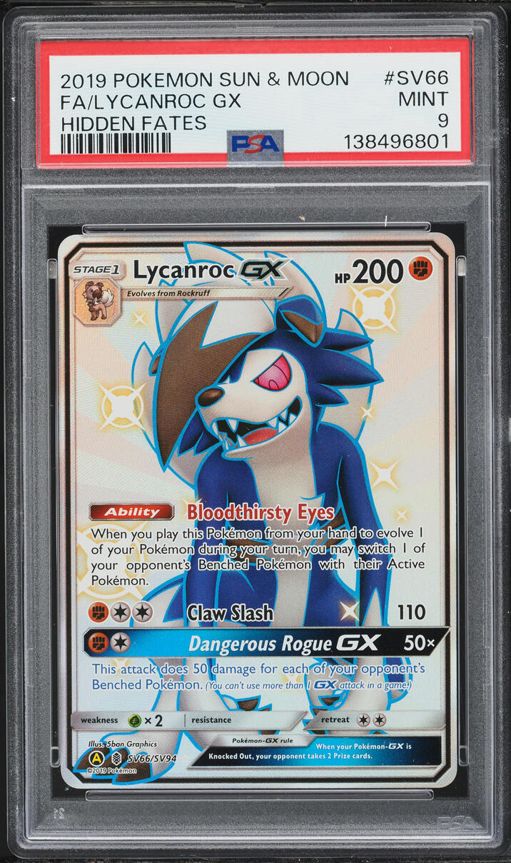 2019 Pokemon Sun & Moon Hidden Fates Full Art Lycanroc GX #SV66 PSA 9 MINT