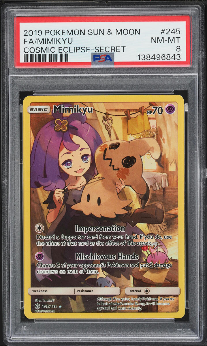 2019 Pokemon Sun & Moon Cosmic Eclipse Full Art Mimikyu #245 PSA 8 NM-MT