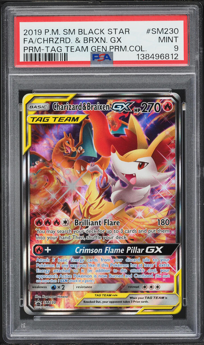 2019 Pokemon SM Promo Tag Team Generations Premium Alt Art Charizard & Braixen GX #SM230 PSA 9