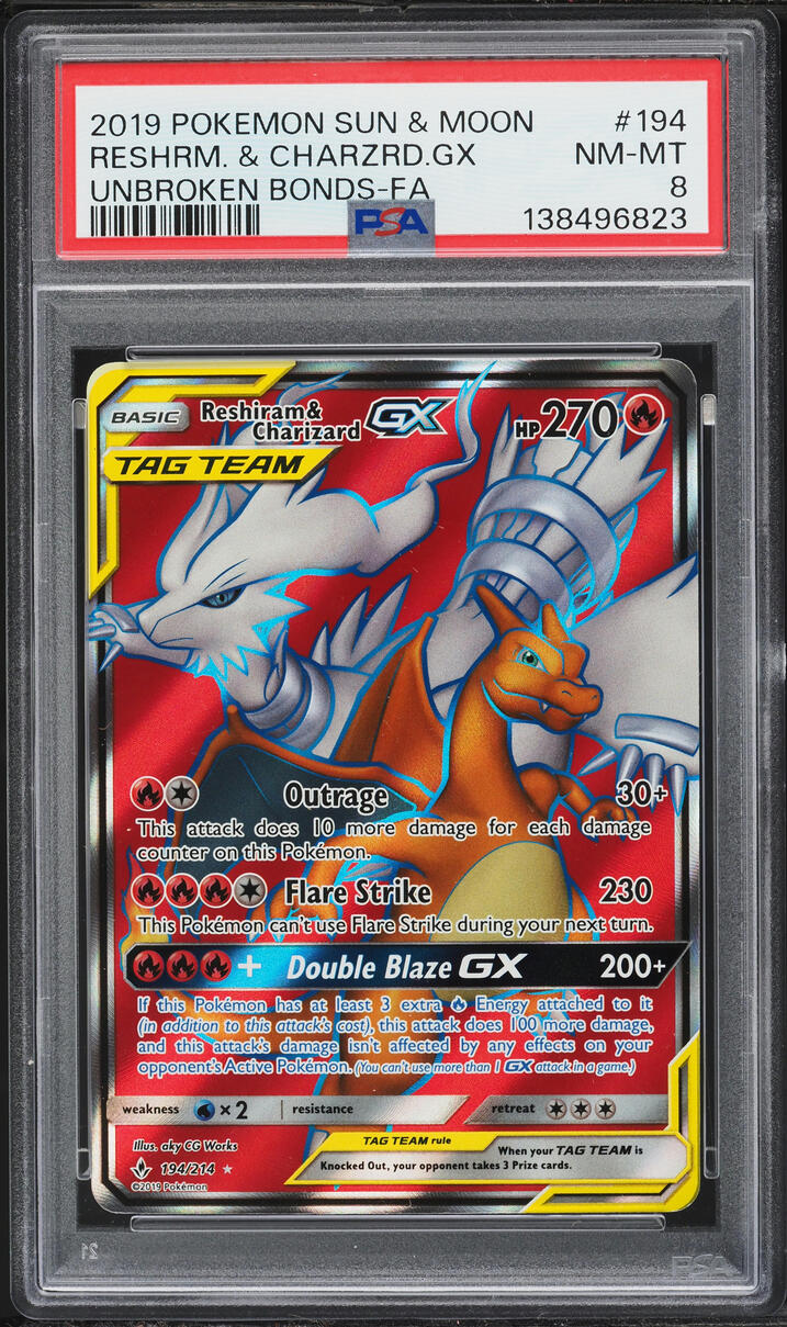 2019 Pokemon Sun & Moon Unbroken Bonds Full Art Reshiram & Charizard GX #194 PSA 8 NM-MT