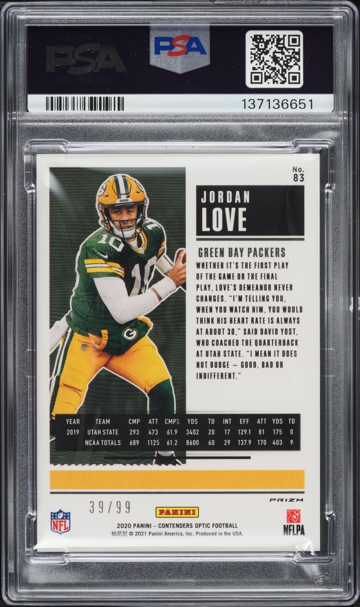 2020 Panini Contenders Optic Blue Jordan Love ROOKIE /99 #83 PSA 9 MINT