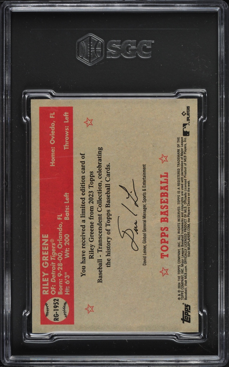 2023 Topps Transcendent VIP Party Through The Years '52 Riley Greene ROOKIE /100 SGC 9.5 MINT+
