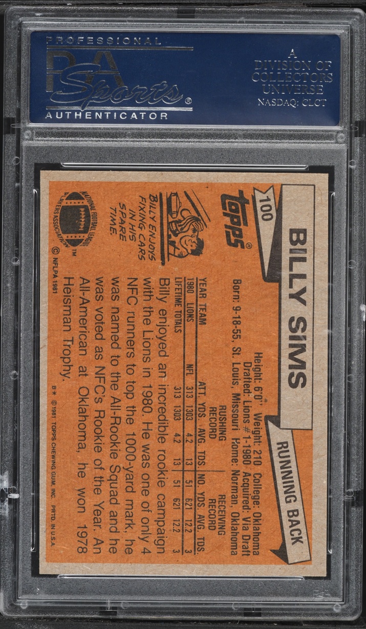 1981 Topps Football Billy Sims ROOKIE #100 PSA 9 MINT