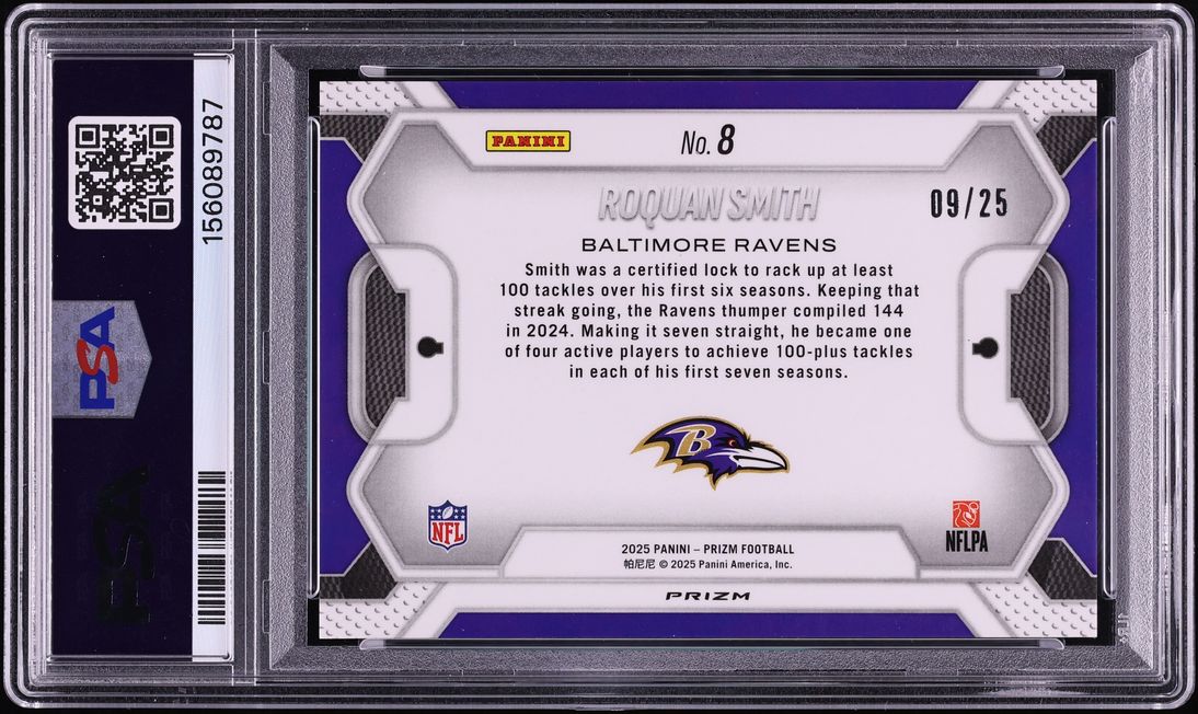 2025 Panini Prizm Lockdown! Mojo Roquan Smith /25 #8 PSA 10 GEM MINT