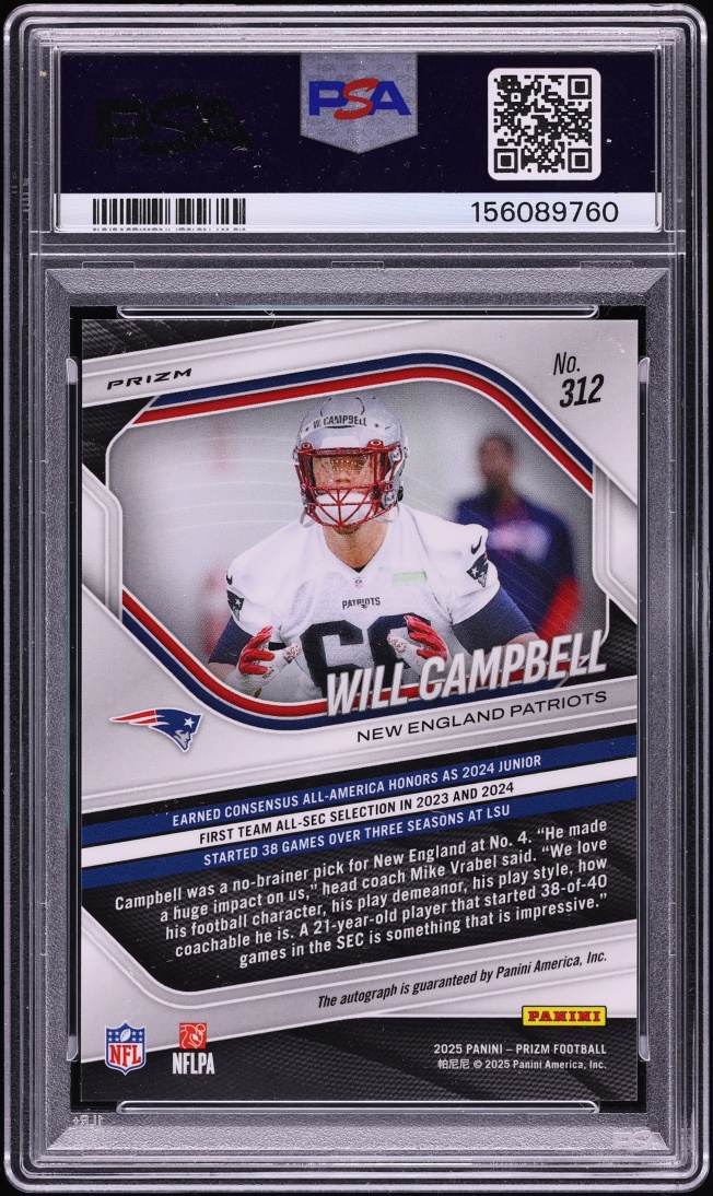 2025 Panini Prizm Silver Will Campbell ROOKIE AUTO #312 PSA 9 MINT
