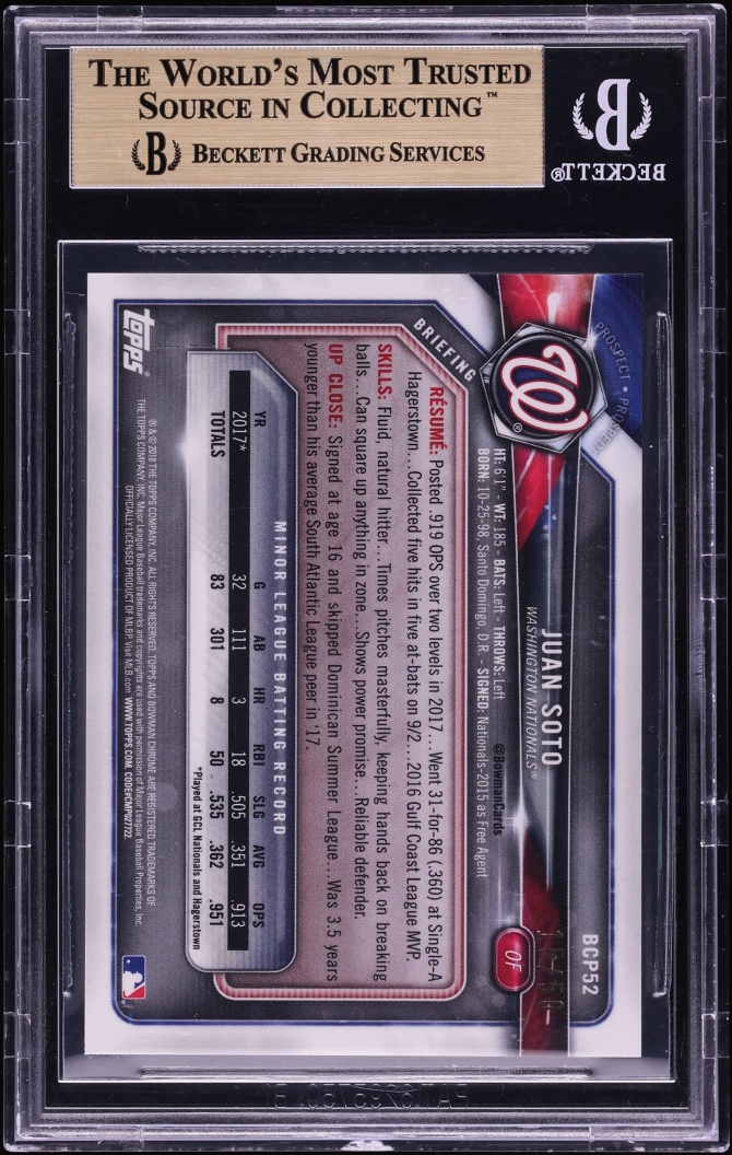 2018 Bowman Chrome Mega Gold Refractor Juan Soto PROSPECT /50 #BCP52 BGS 9.5 GEM MINT