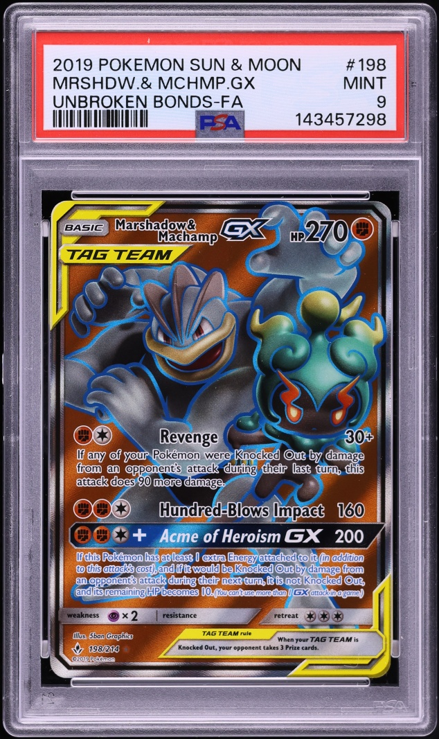 2019 Pokemon Sun & Moon Unbroken Bonds Full Art Marshadow & Machamp GX #198 PSA 9 MINT