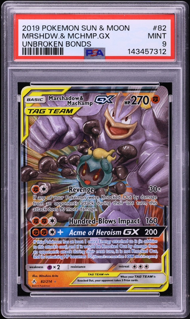 2019 Pokemon Sun & Moon Unbroken Bonds Marshadow & Machamp GX #82 PSA 9 MINT