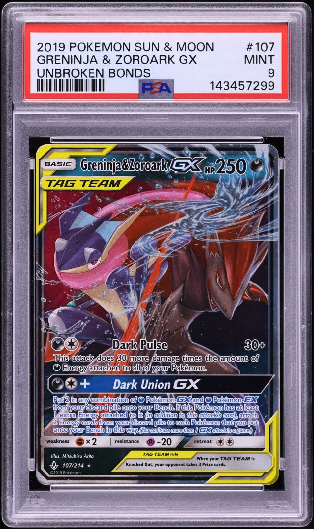 2019 Pokemon Sun & Moon Unbroken Bonds Greninja & Zoroark GX #107 PSA 9 MINT
