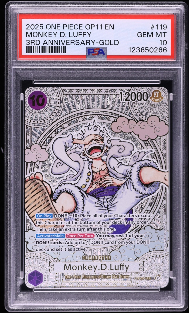 2025 One Piece A Fist Of Divine Speed 3rd Anniversary Gold Monkey D. Luffy #OP11-119 PSA 10 GEM