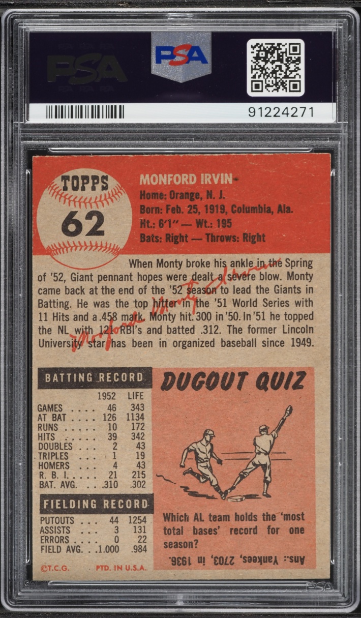 1953 Topps Monte Irvin #62 PSA 6 EXMT