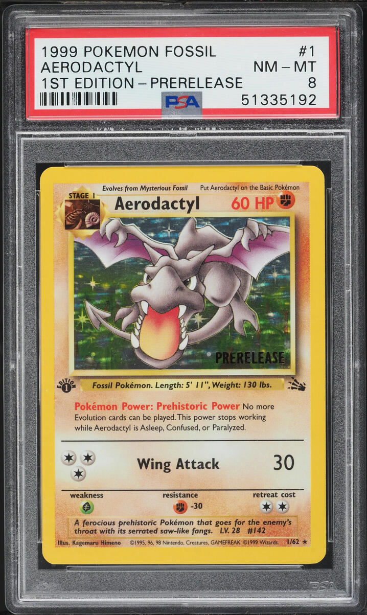 1999 Pokemon Fossil 1st Edition Prerelease Holo Aerodactyl #1 PSA 8 NM-MT