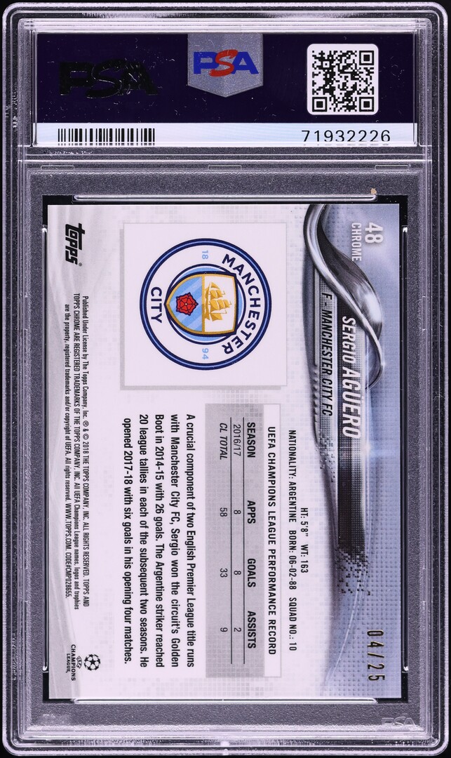 2017 Topps Chrome UEFA Orange Refractor Sergio Aguero /25 #48 PSA 10 GEM MINT