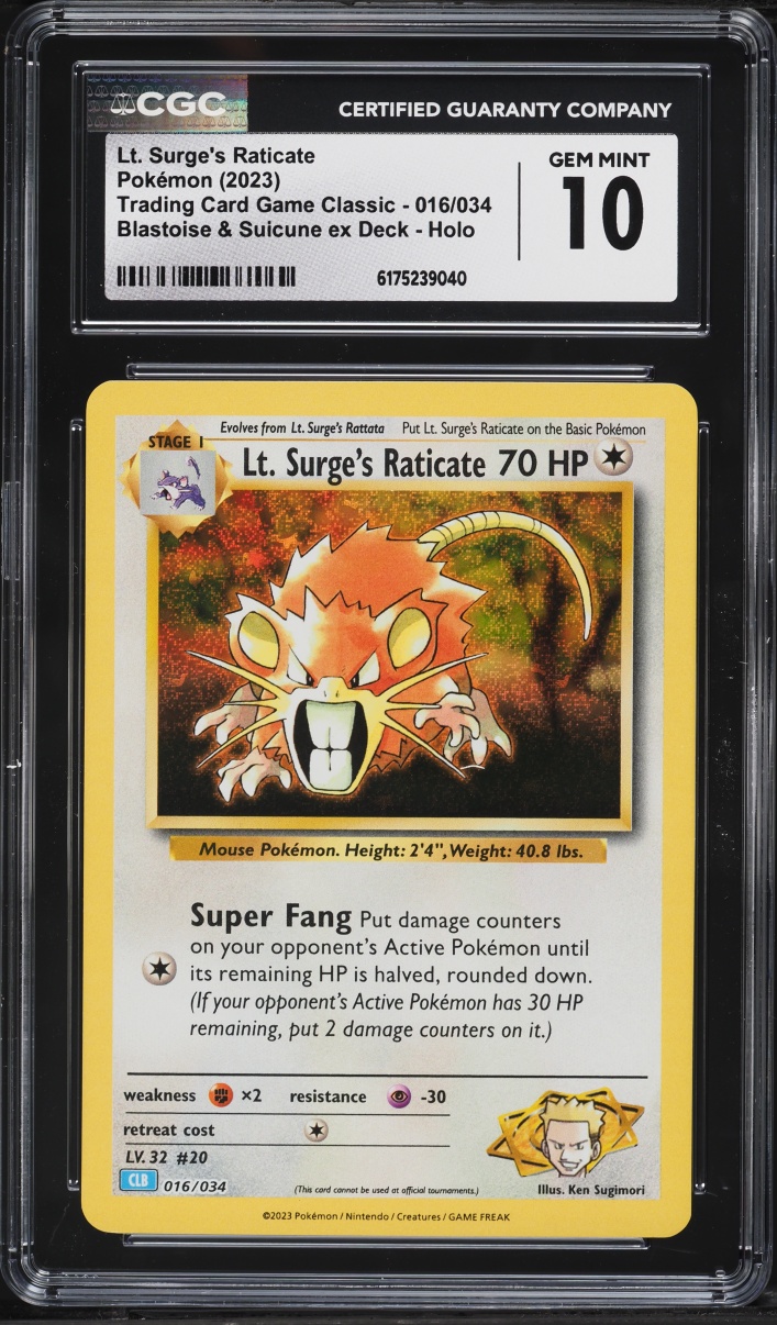 2023 Pokemon TCG Classic Collection Holo Lt. Surge's Raticate #16 CGC 10 GEM MINT