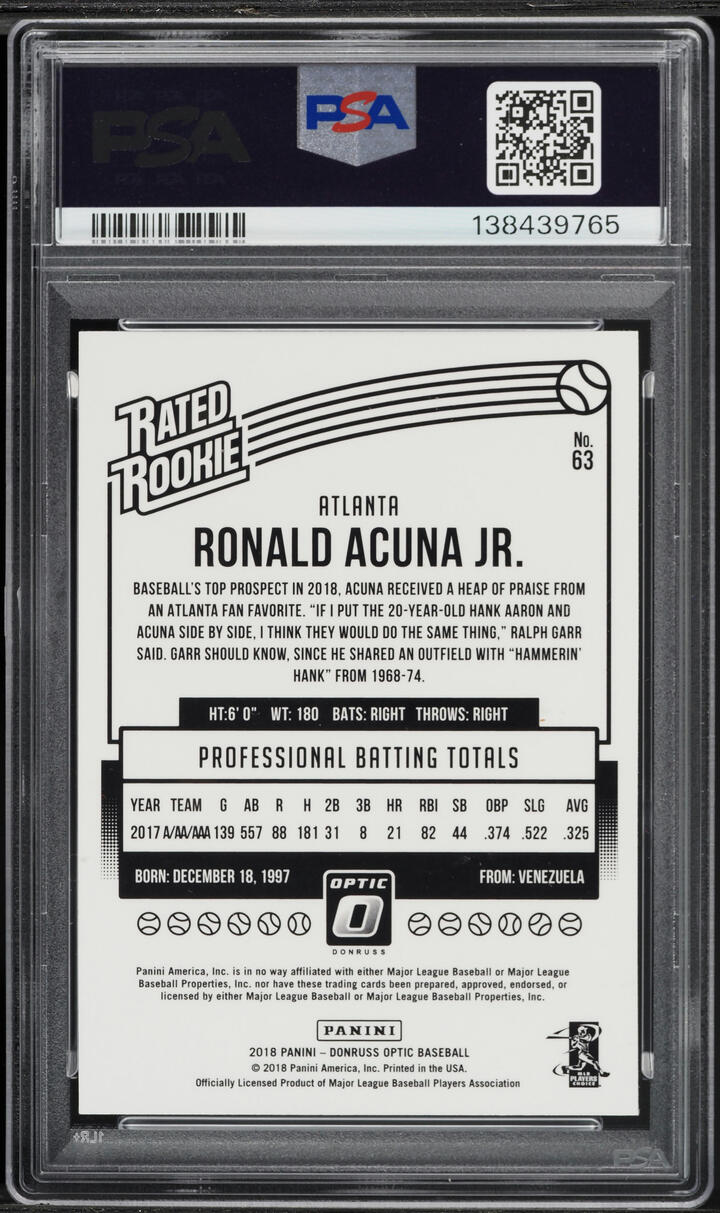 2018 Donruss Optic Ronald Acuna Jr. ROOKIE #63 PSA 9 MINT
