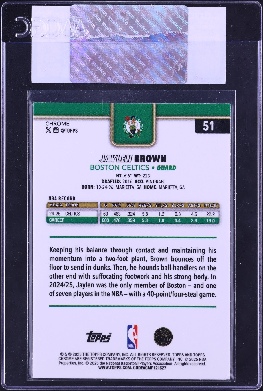 2025 Topps Chrome Xfractor Jaylen Brown #51 CGC AUTH