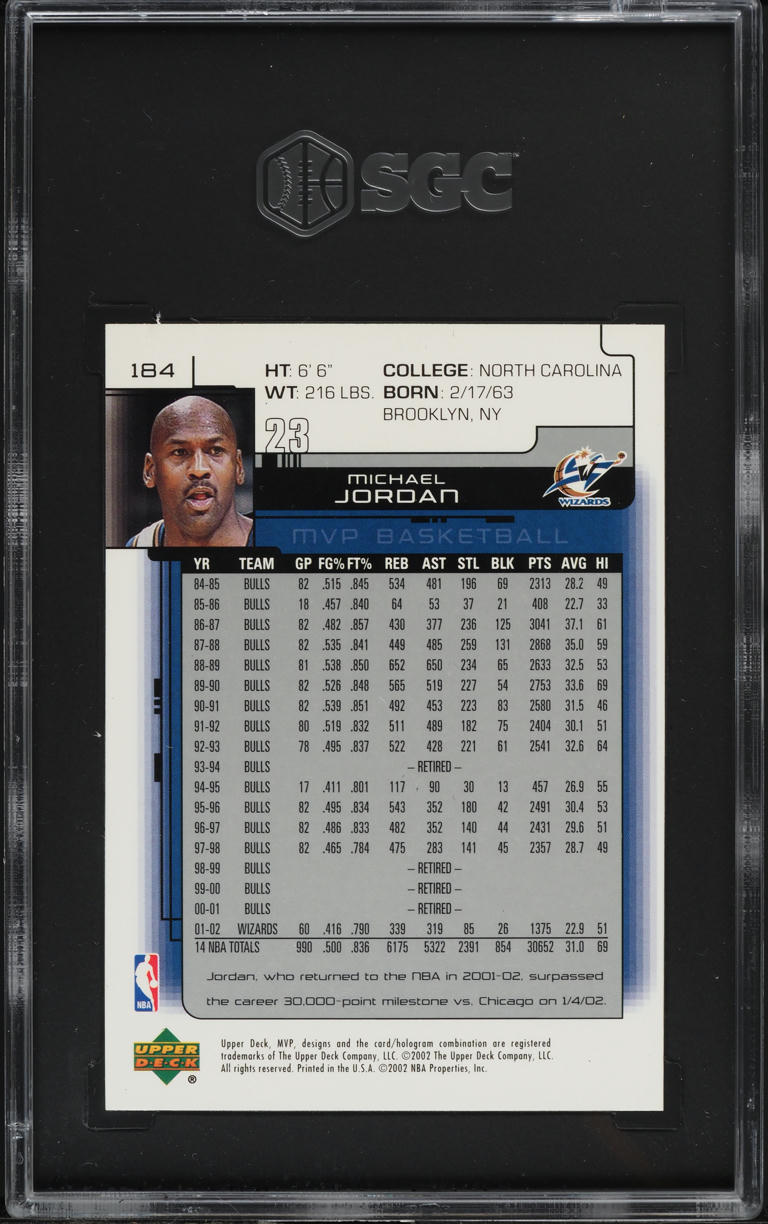 2002 Upper Deck MVP Michael Jordan #184 SGC 10 GEM MINT