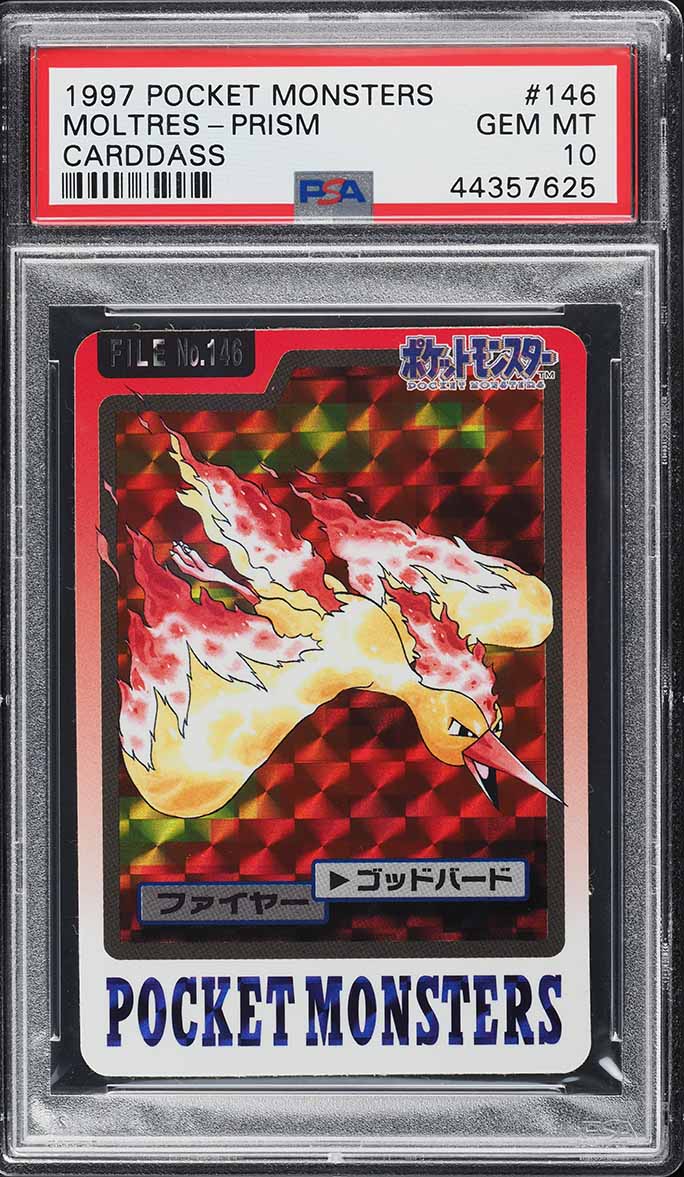 1997 Pokemon Japanese Pocket Monsters Carddass Prism Moltres #146 PSA 10 GEM