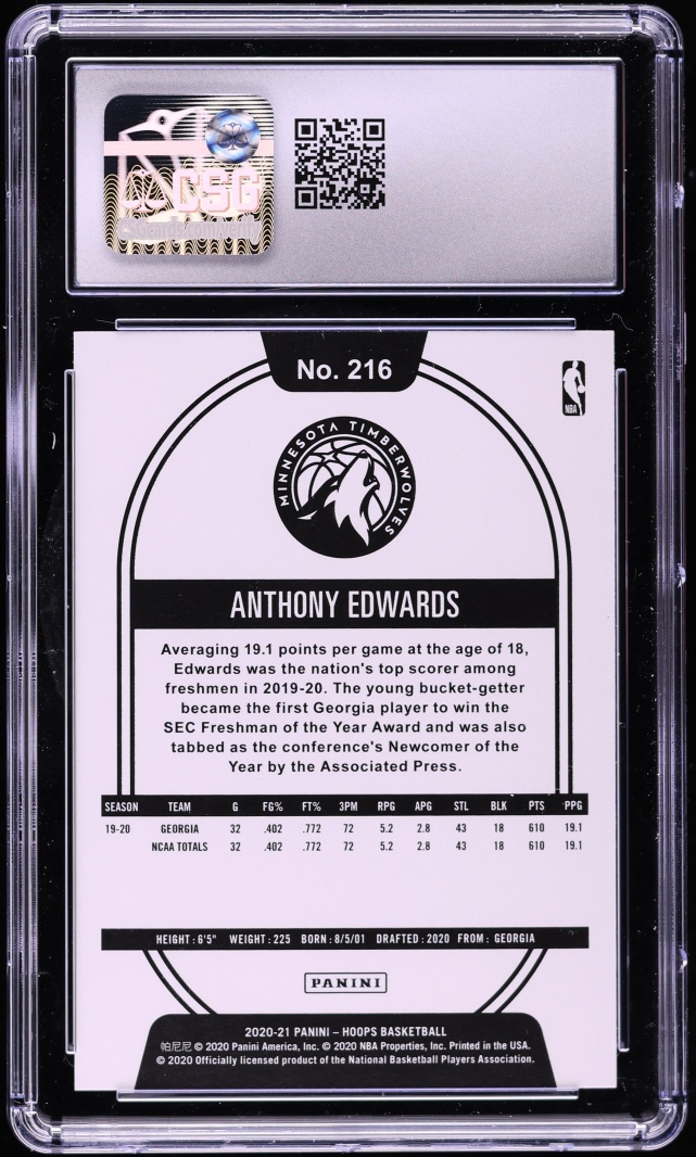 2020 Hoops Anthony Edwards ROOKIE #216 CSG 10 GEM MINT