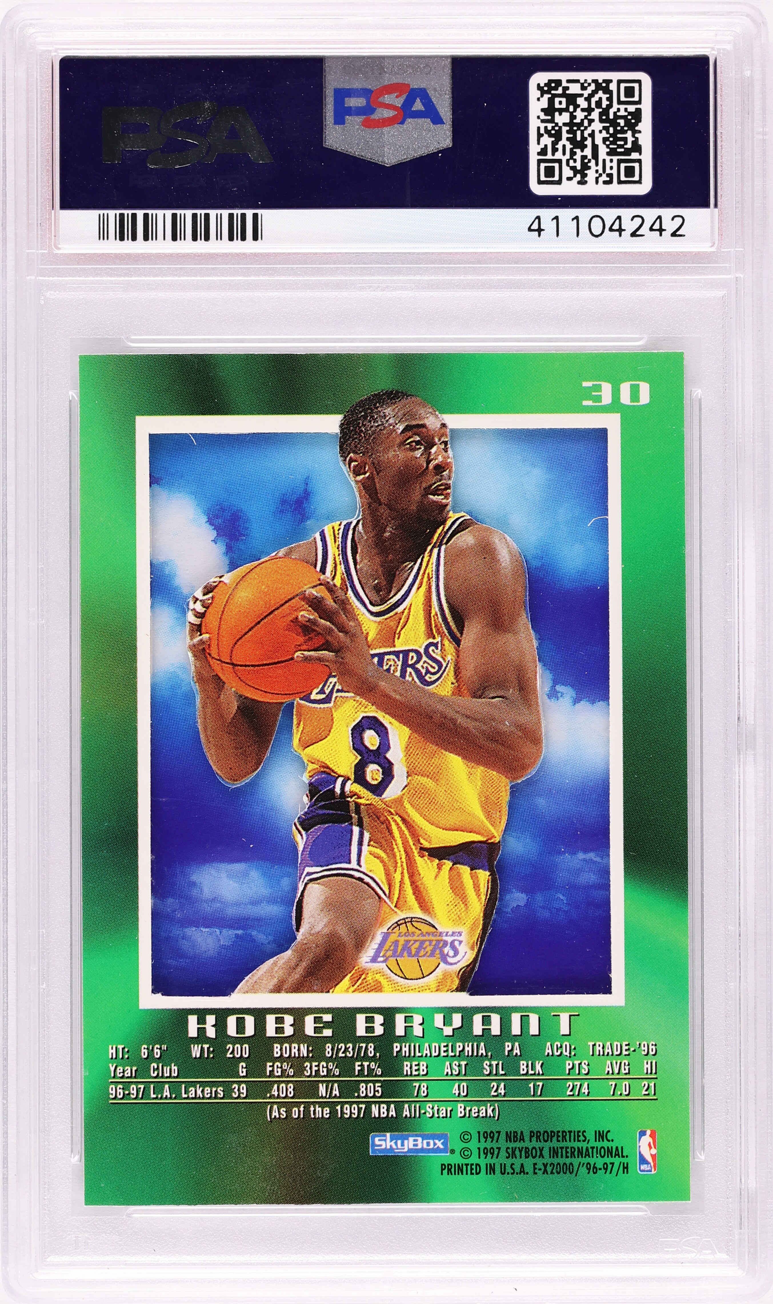 1996 Skybox E-X2000 Kobe Bryant ROOKIE #30 PSA 10 GEM MINT on
