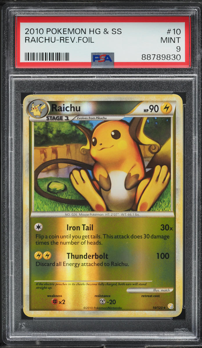 2010 Pokemon Heartgold & Soulsilver Reverse Holo Raichu #10 PSA 9 MINT