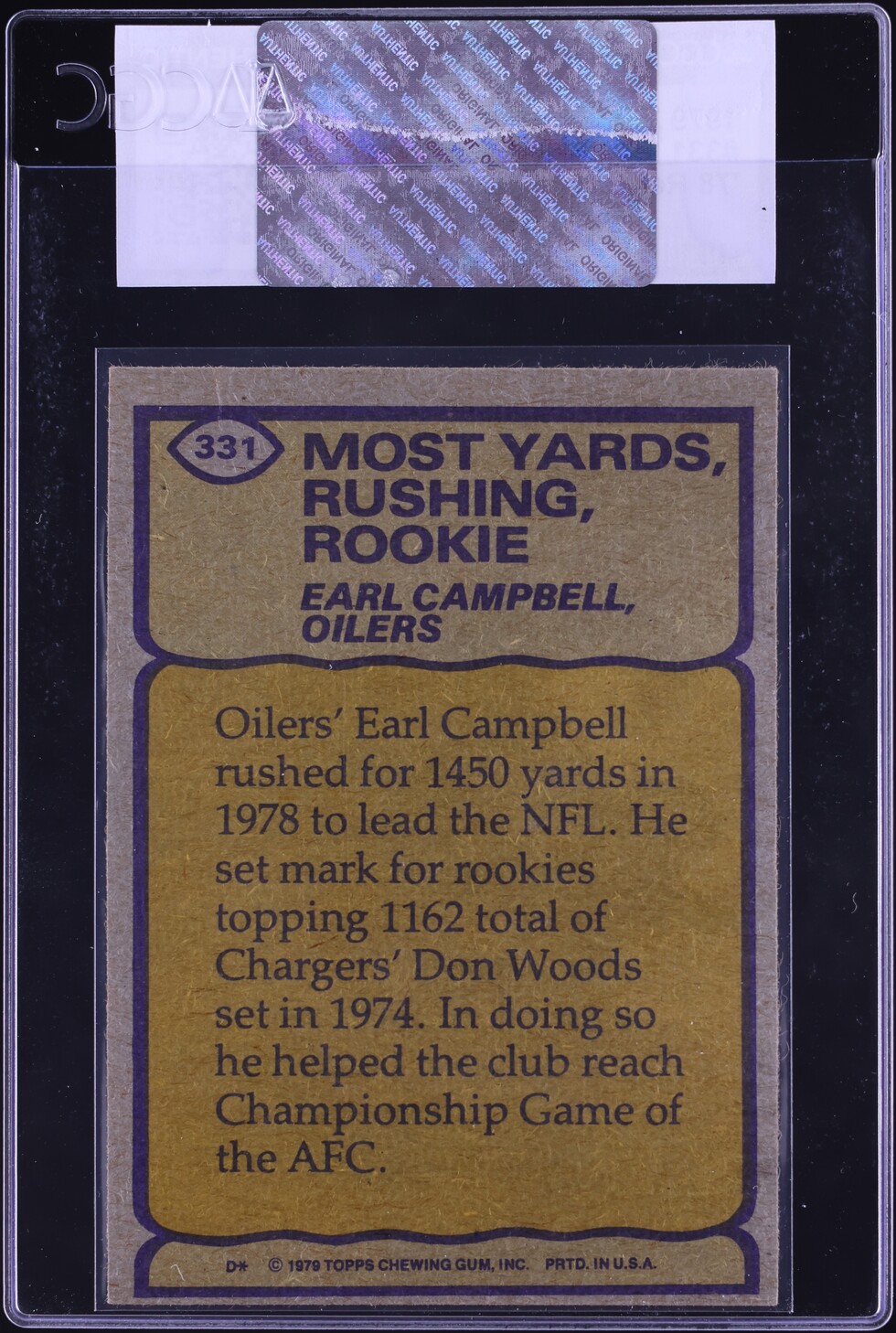 1979 Topps Football Earl Campbell '78 RECORD BREAKER #331 CGC AUTH