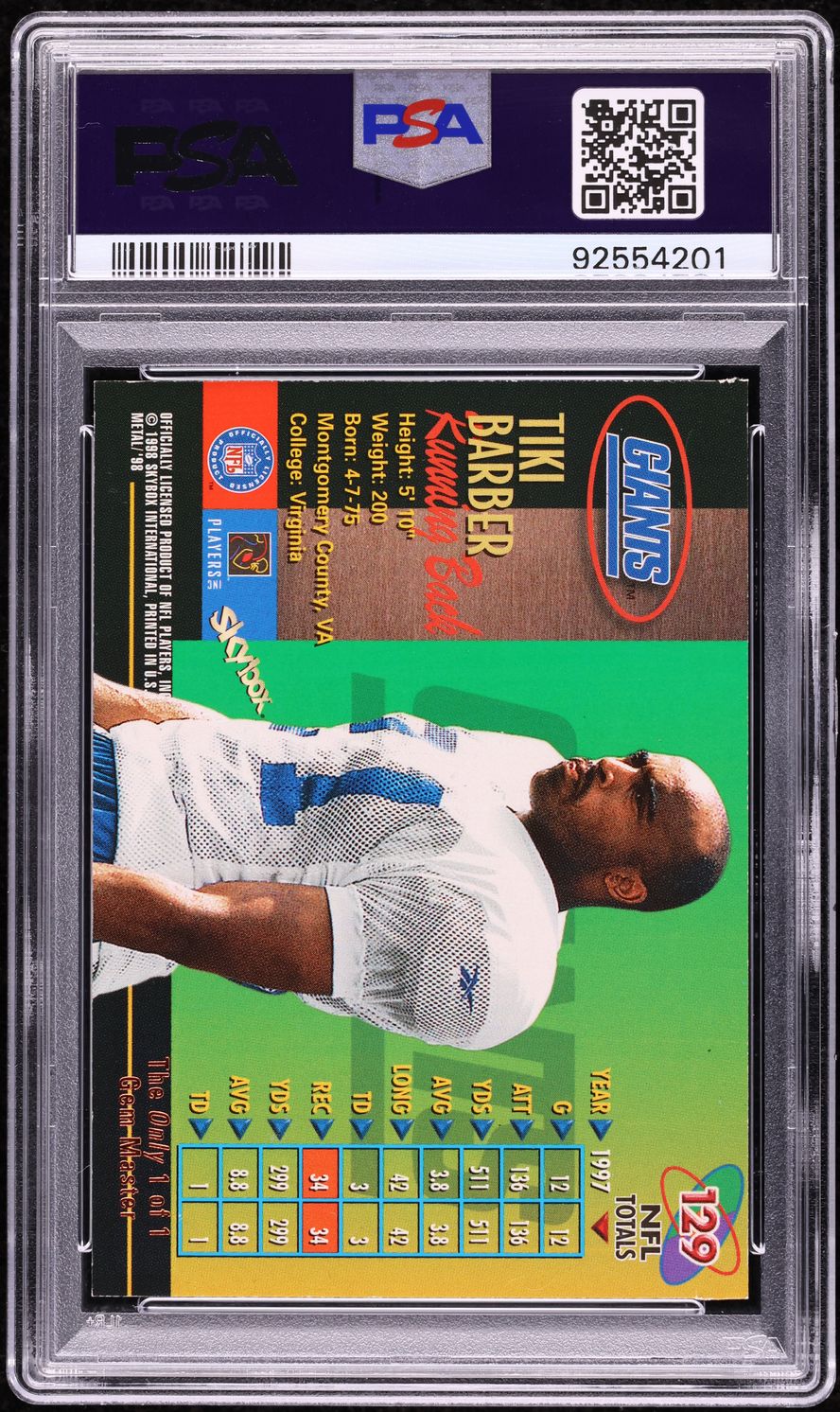 1998 Metal Universe Precious Metal Gems Gem Master Tiki Barber 1/1 #129 PSA 7