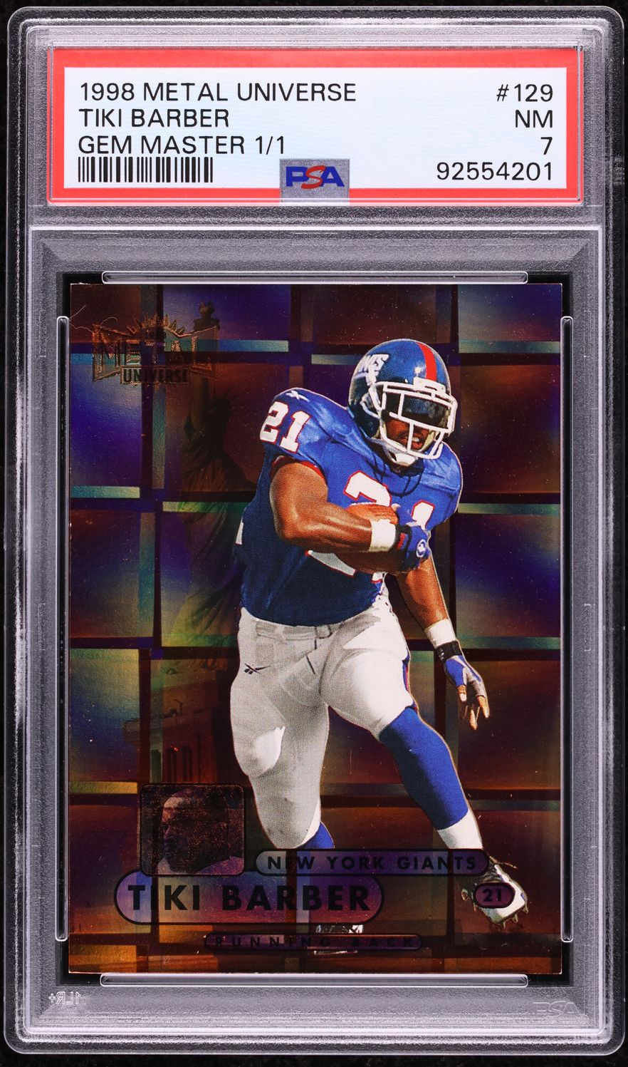 1998 Metal Universe Precious Metal Gems Gem Master Tiki Barber 1/1 #129 PSA 7