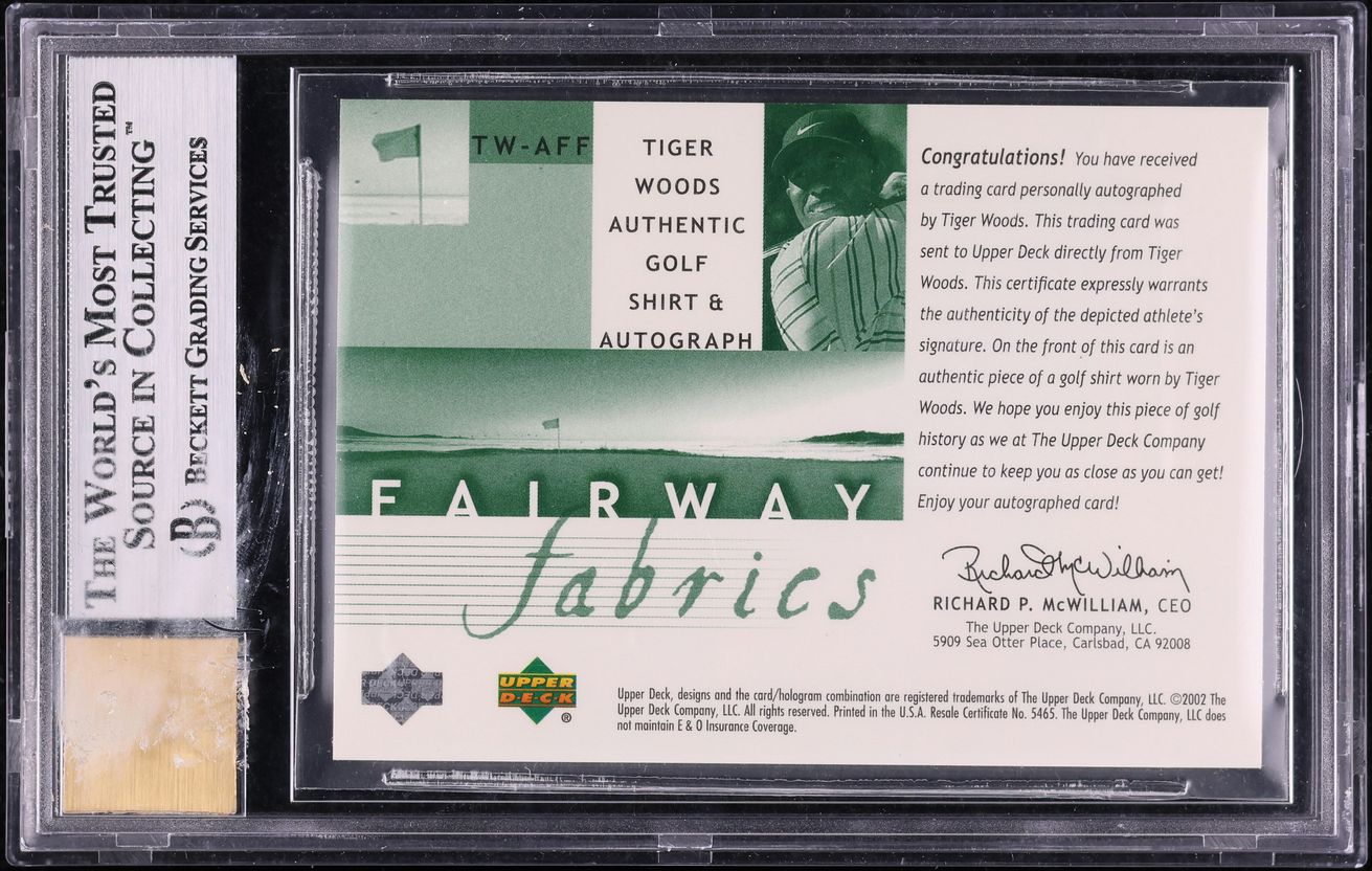2002 Upper Deck Fairway Fabrics Green Tiger Woods PATCH AUTO #TWA-FF BGS 9 MINT