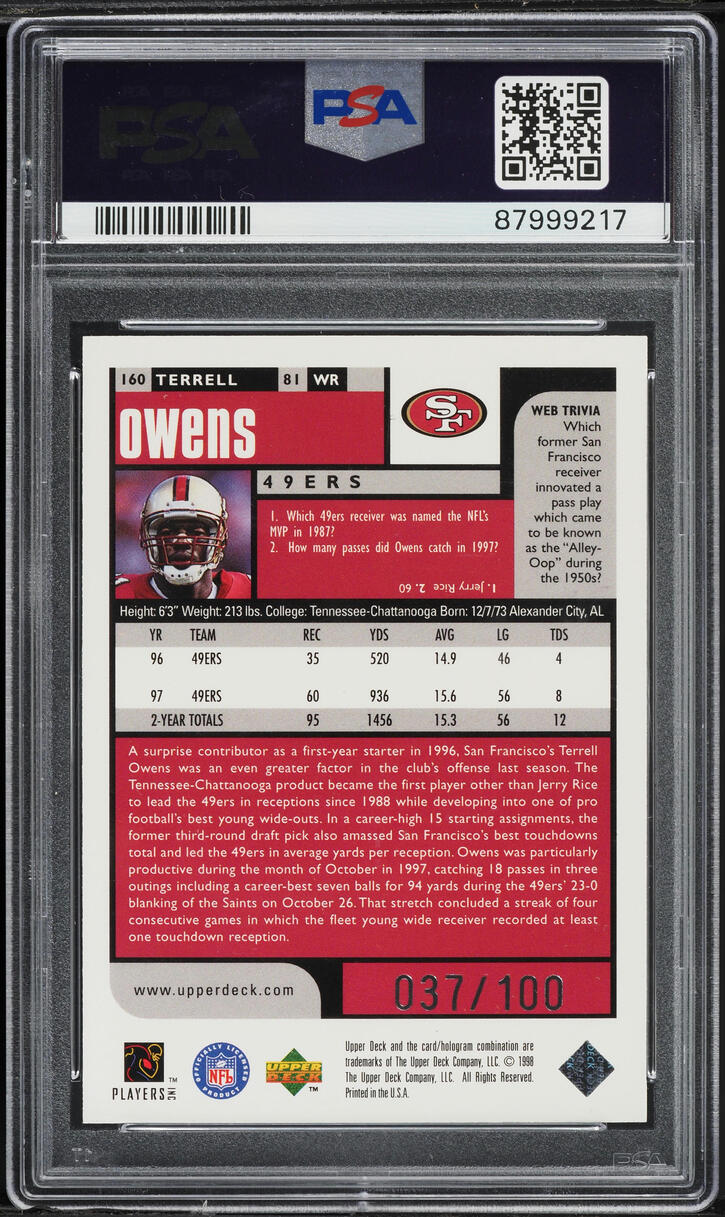 1998 UD Choice Prime Choice Reserve Terrell Owens /100 #160 PSA 10 GEM MINT