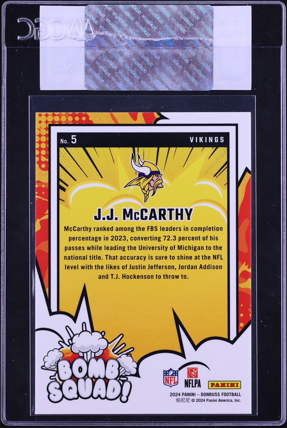 2024 Donruss Bomb Squad! J.J. McCarthy ROOKIE #5 CGC AUTH