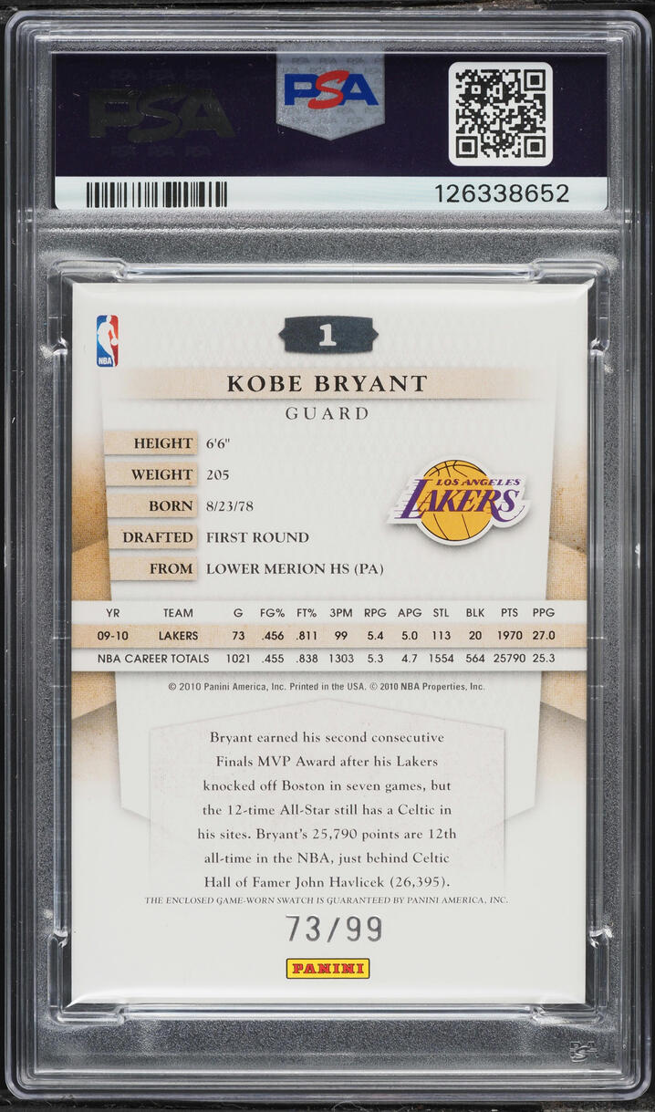 2010 Panini Timeless Treasures Kobe Bryant PATCH /99 #1 PSA 9 MINT
