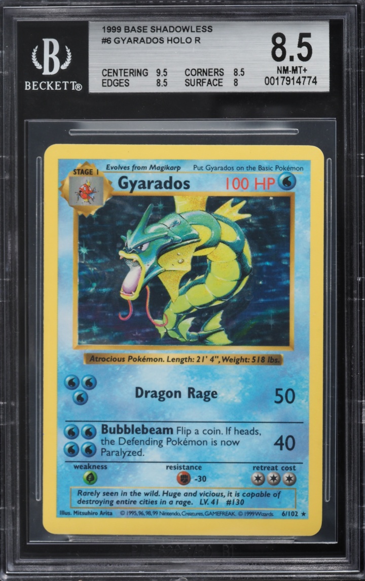 1999 Pokemon Base Set Shadowless Holo Gyarados #6 BGS 8.5 NM-MT+