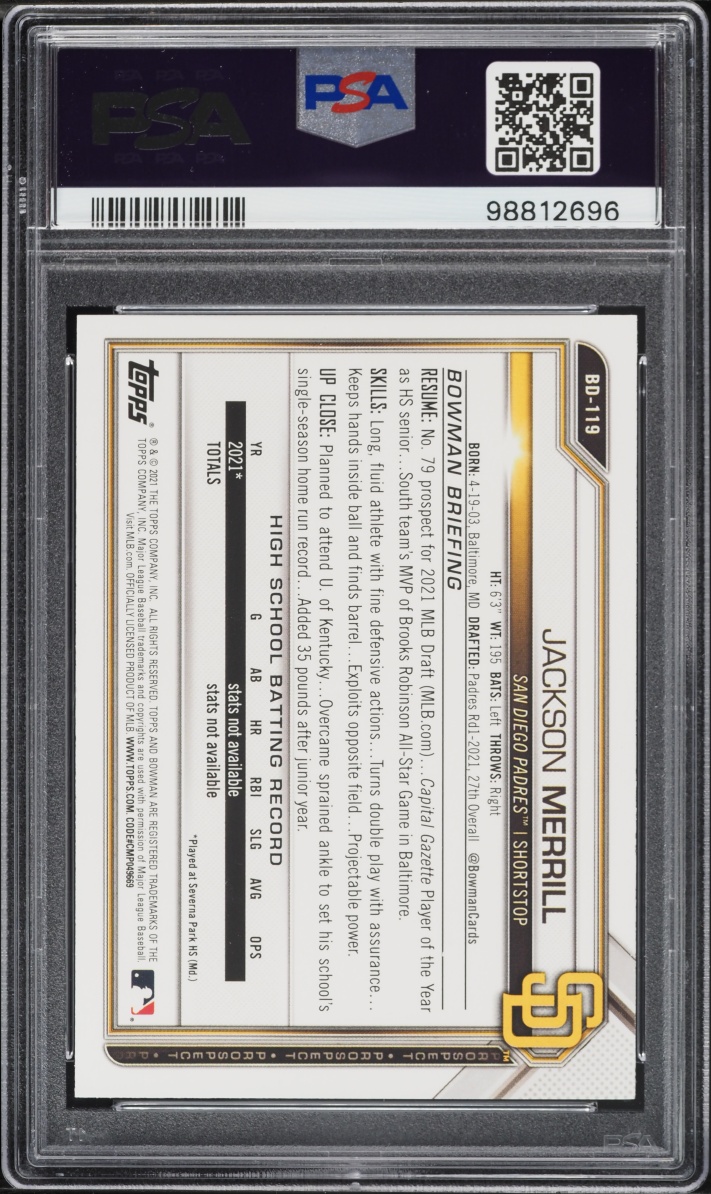 2021 Bowman Draft Jackson Merrill PROSPECT #BD-119 PSA 10 GEM MINT